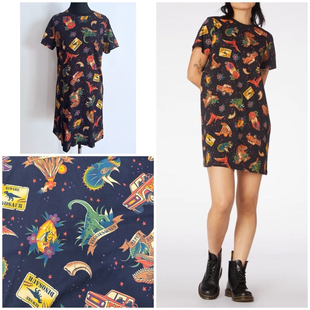 NWT AU Dangerfield Dinosaurs Volcano Prehistoric Tattoo Tee T-shirt Dress S